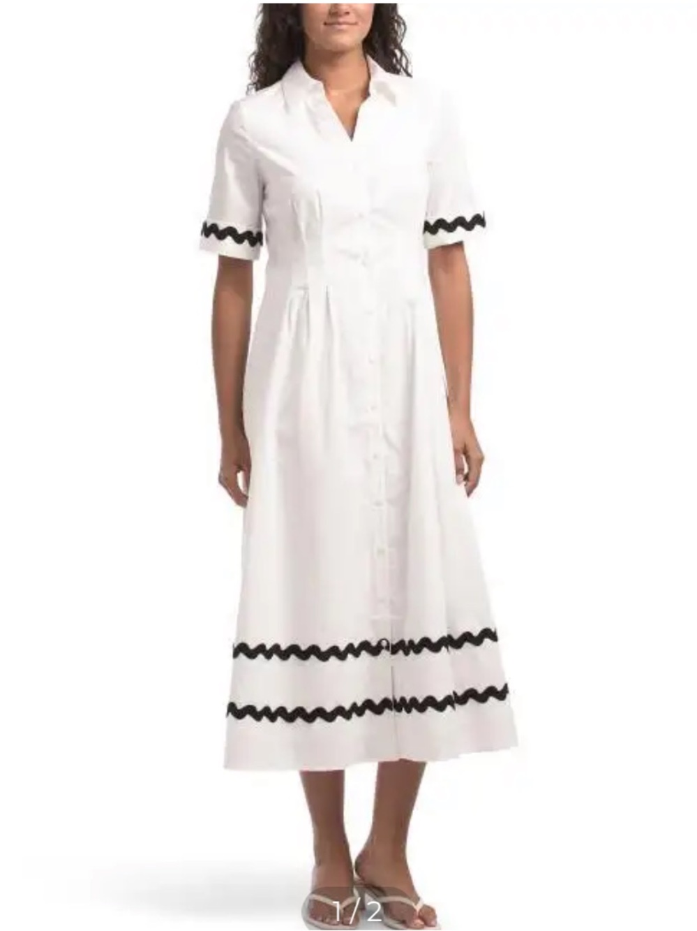 Tahari White Midi Shirt Dress with Black Trim
